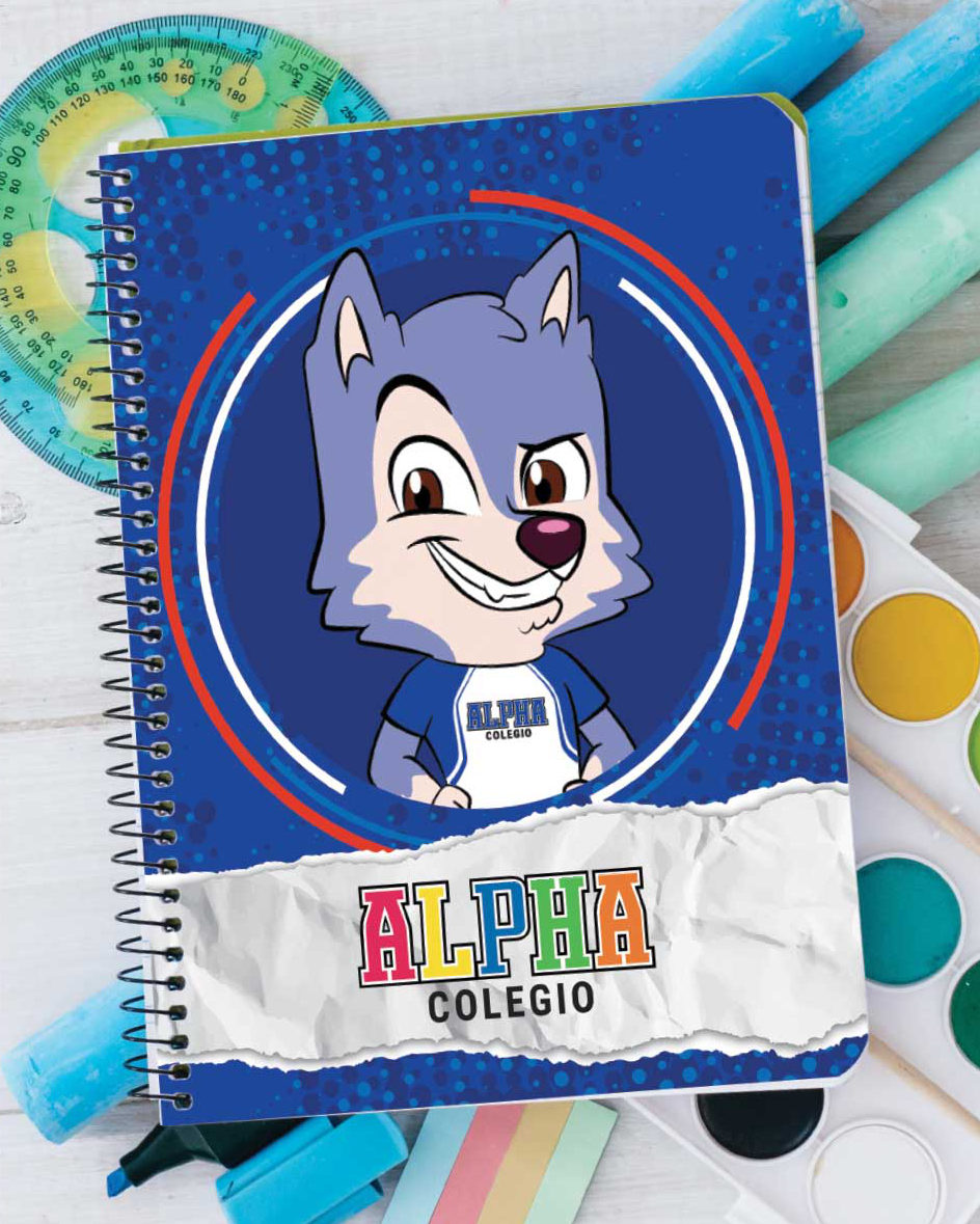Cuaderno con mascota del Colegio Alpha